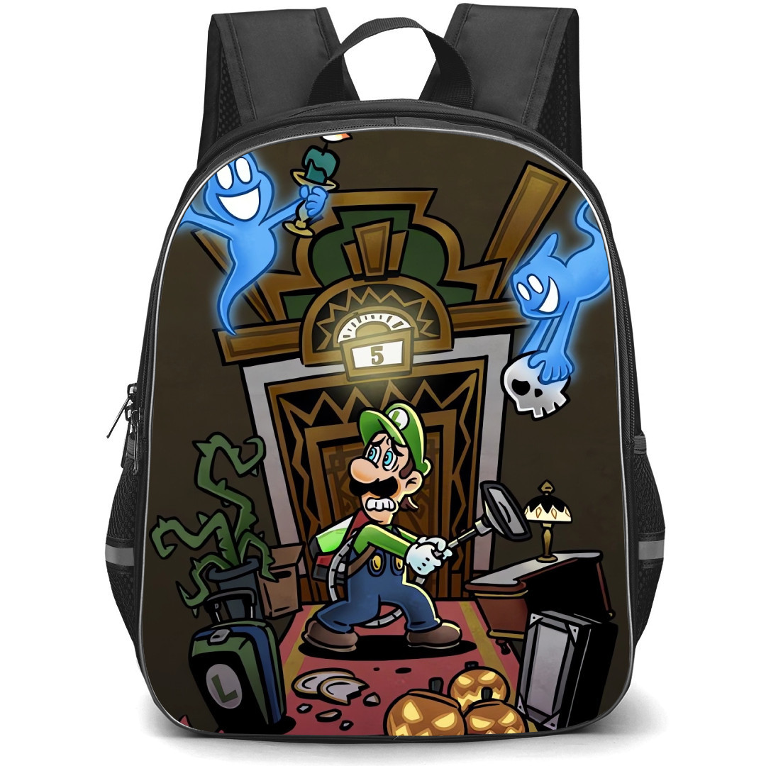 Luigi's Mansion Backpack StudentPack - Luigi's Mansion Elevator Comic Art Brown Background