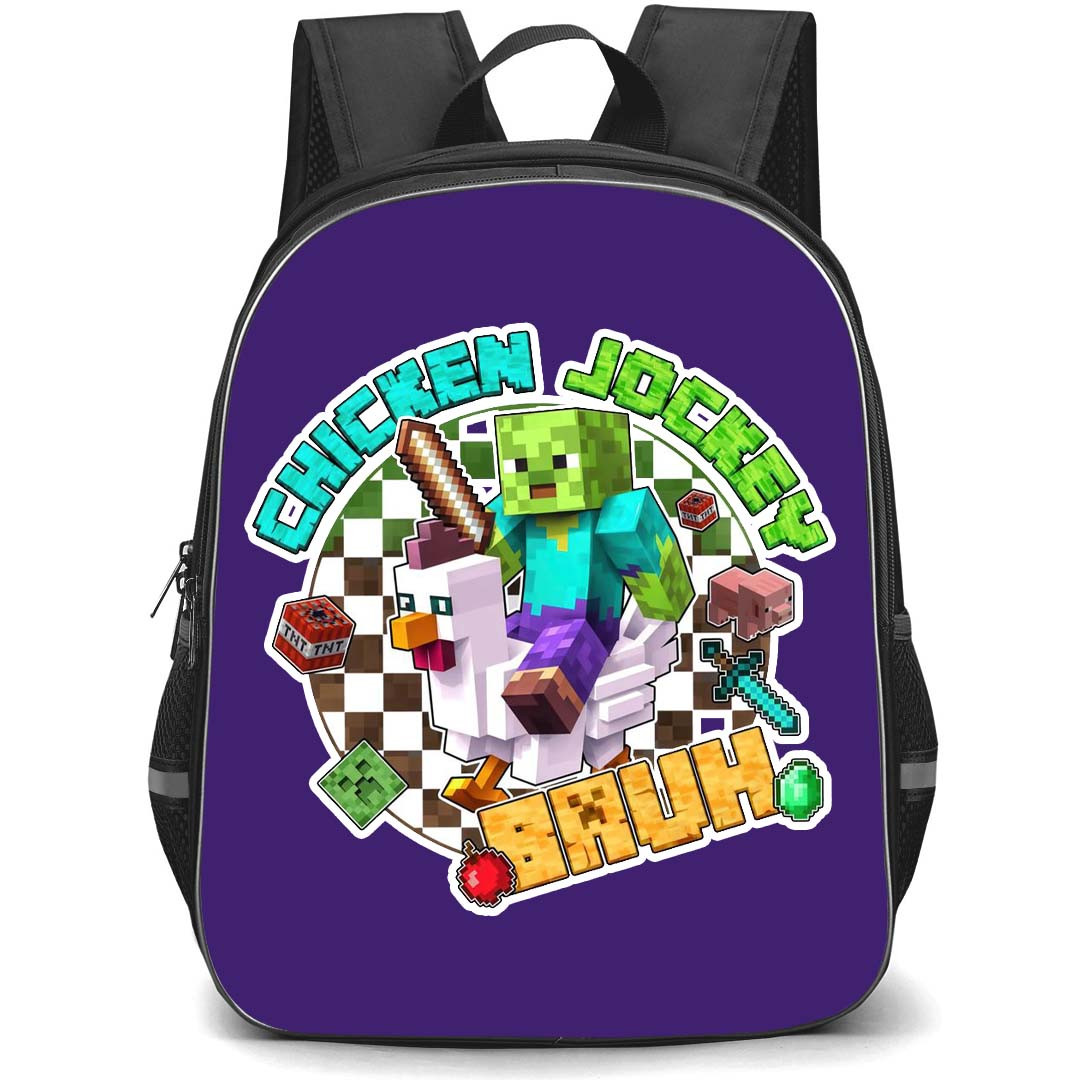Minecraft Chicken Jockey Backpack StudentPack - Minecraft Chicken Jockey Bruh Sticker On Purple Background