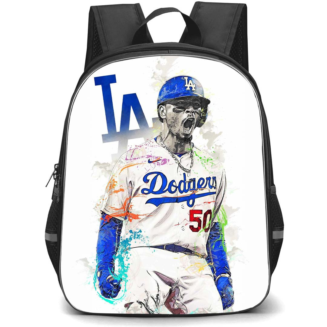 MLB Mookie Betts Backpack StudentPack - Mookie Betts Los Angeles Dodgers Shouting On Graphic Art White Background
