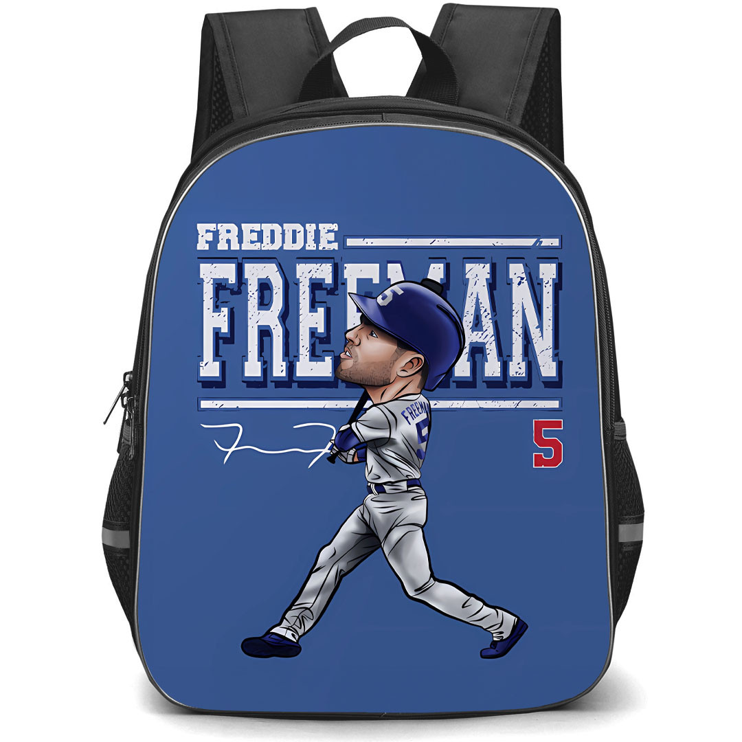 MLB Freddie Freeman Backpack StudentPack - Freddie Freeman 5 Los Angeles Dodgers Hitting Cartoon Art On Blue Background