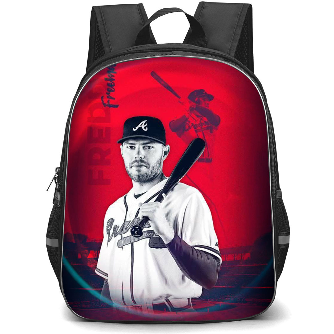 MLB Freddie Freeman Backpack StudentPack - Freddie Freeman Atlanta Braves Grayscale Portrait 2018 On Red Background