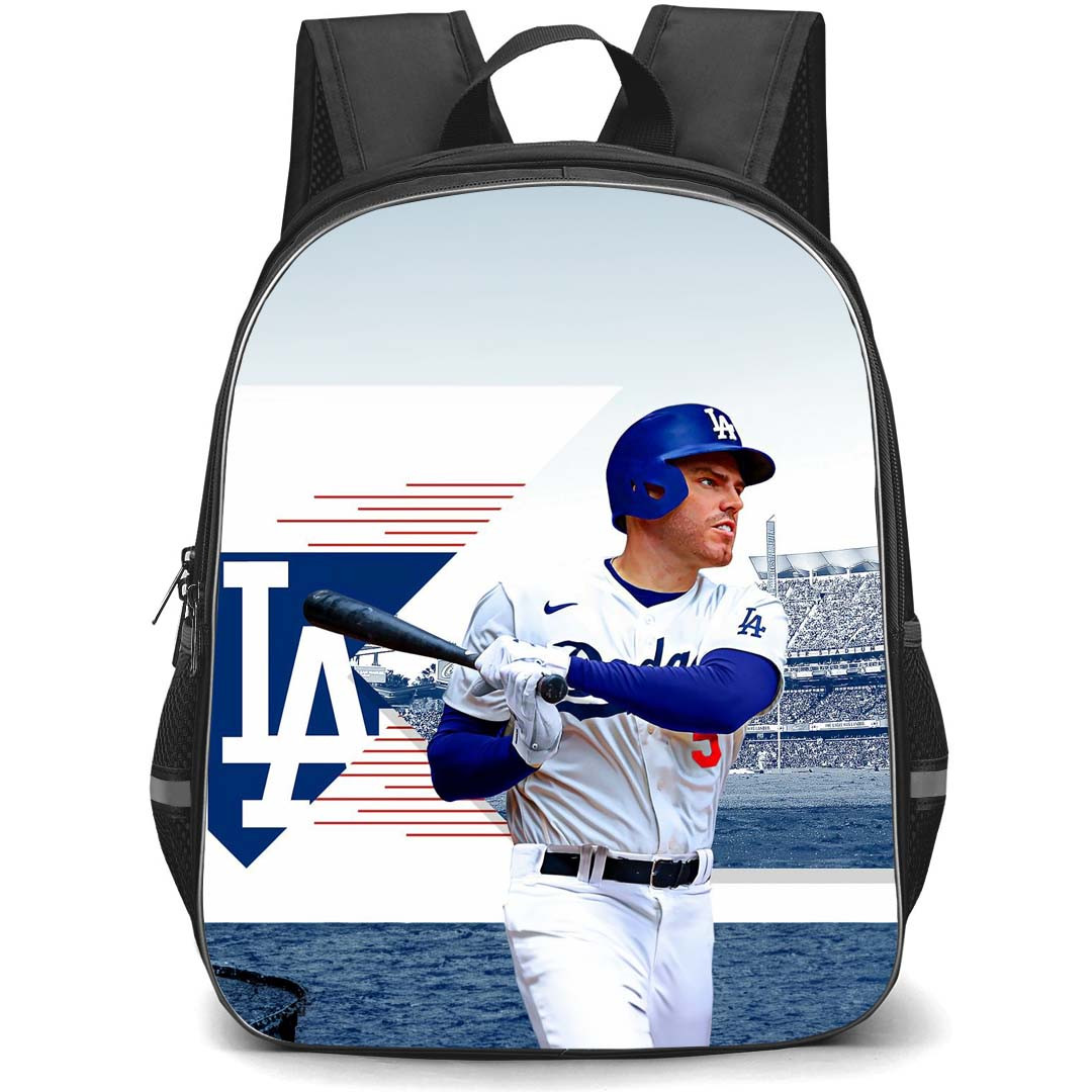 MLB Freddie Freeman Backpack StudentPack - Freddie Freeman Los Angeles Dodgers Side Portrait Illustration On Stadium Background