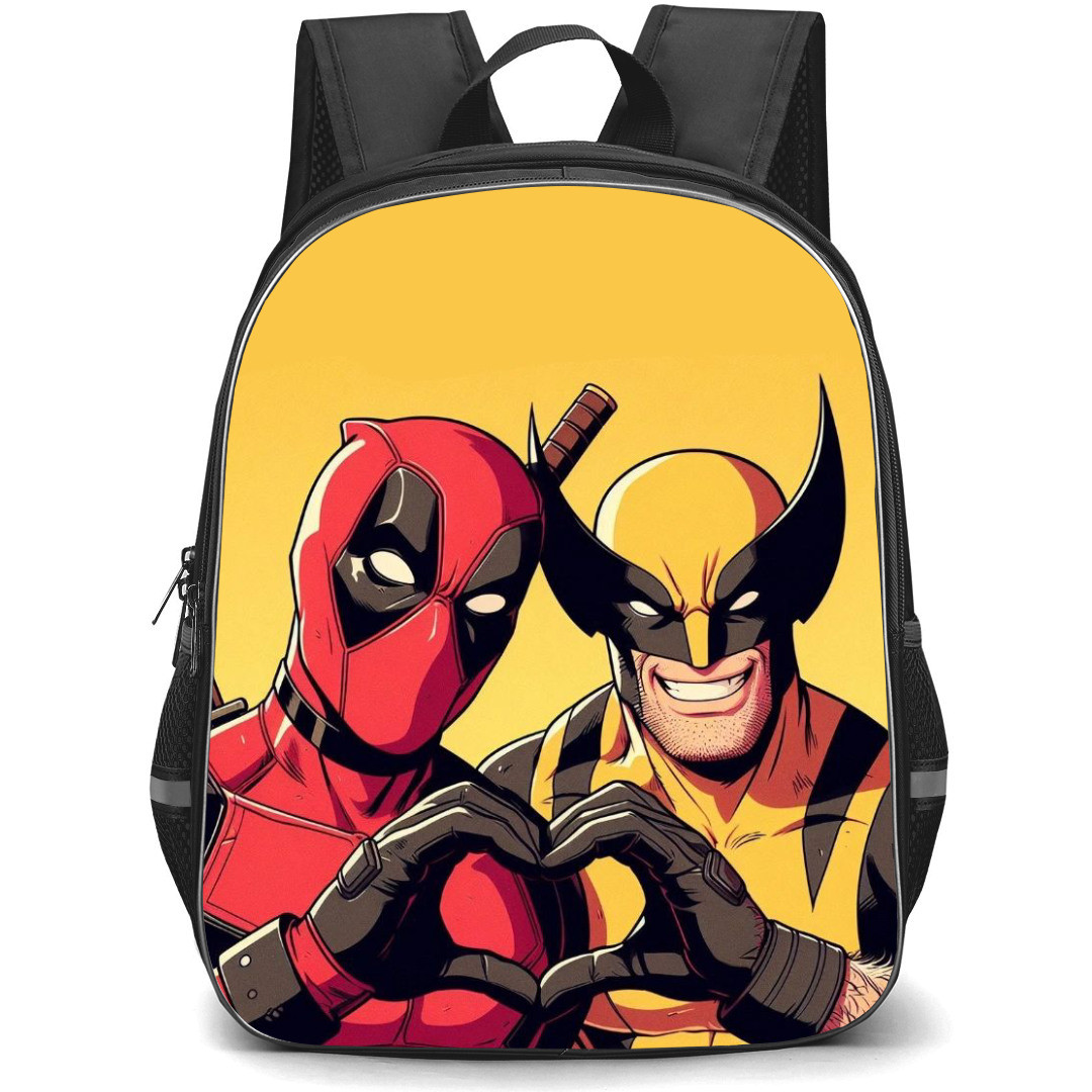 Deadpool & Wolverine Backpack StudentPack - Heart Gesture Minimalist Yellow Background