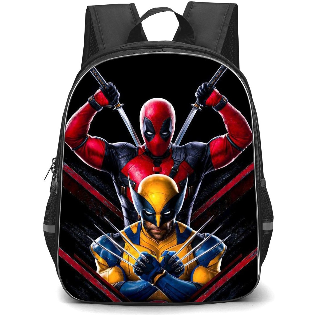 Deadpool & Wolverine Backpack StudentPack - Deadpool & Wolverine Showing their Weapons Black background