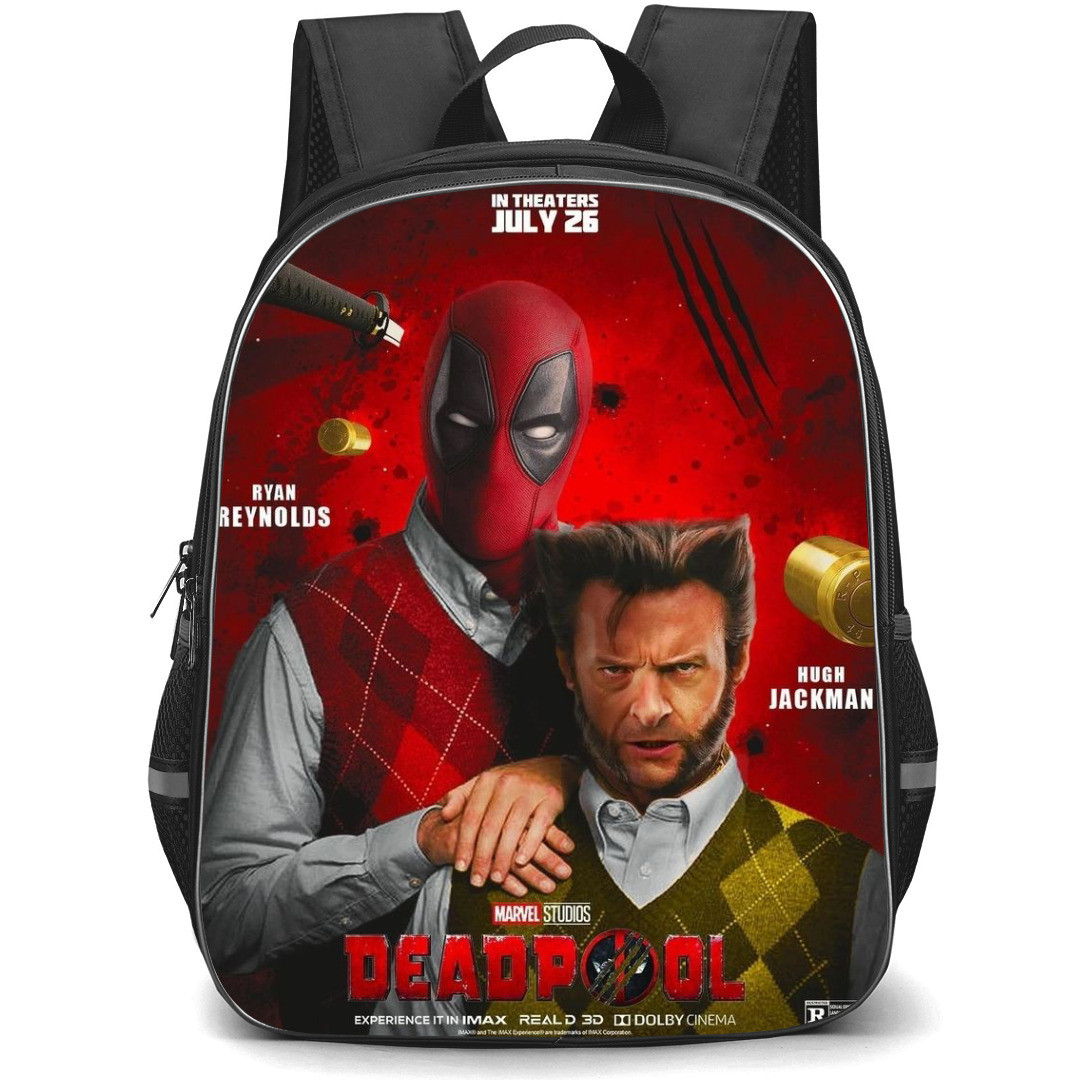 Deadpool & Wolverine Backpack StudentPack - Deadpool & Wolverine Wearing Sweater Red background