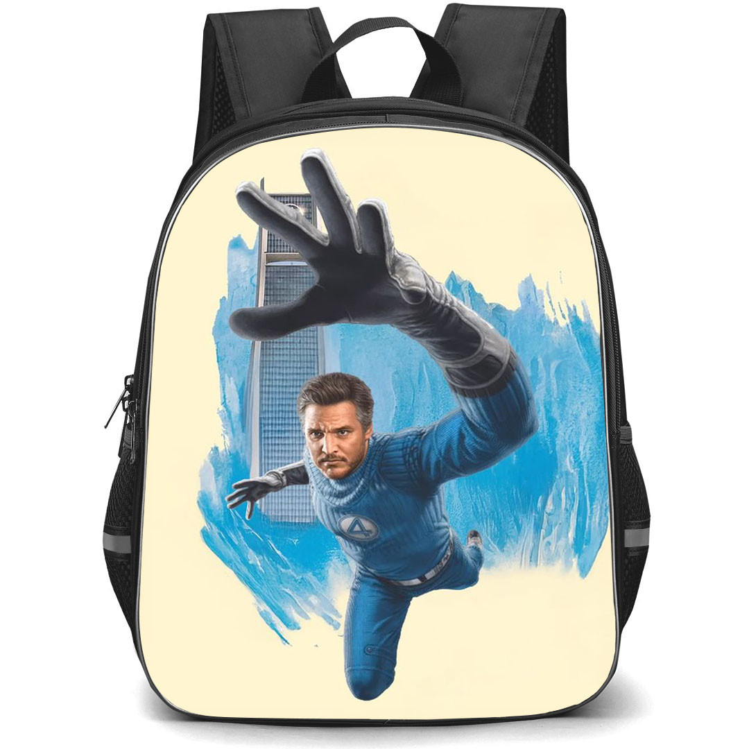 The Fantastic Four First Steps Mister Fantastic Backpack StudentPack - Mister Fantastic Flying On Beige Blue Background