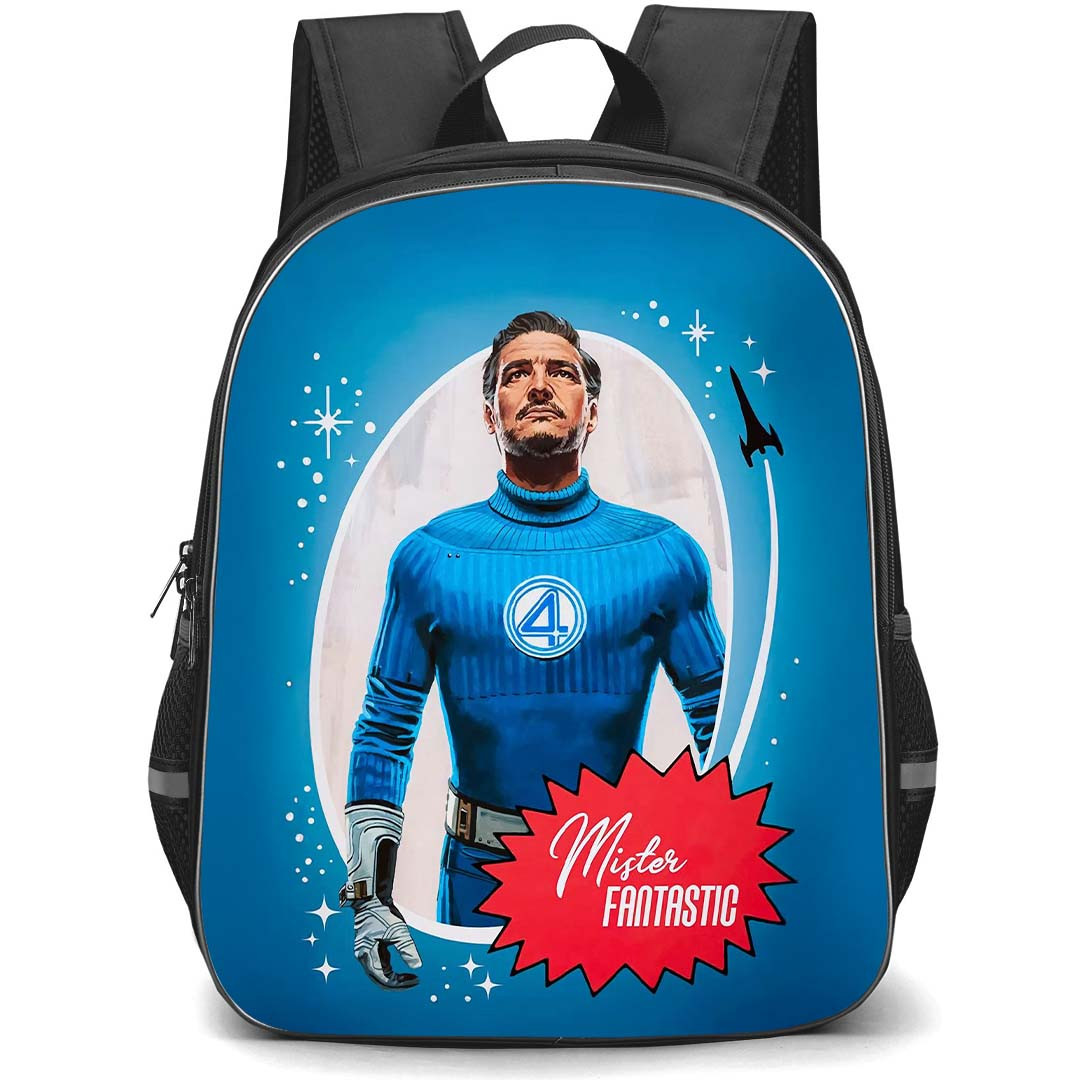 The Fantastic Four First Steps Mister Fantastic Backpack StudentPack - Mister Fantastic Looking Up Illustration Art On Blue Background