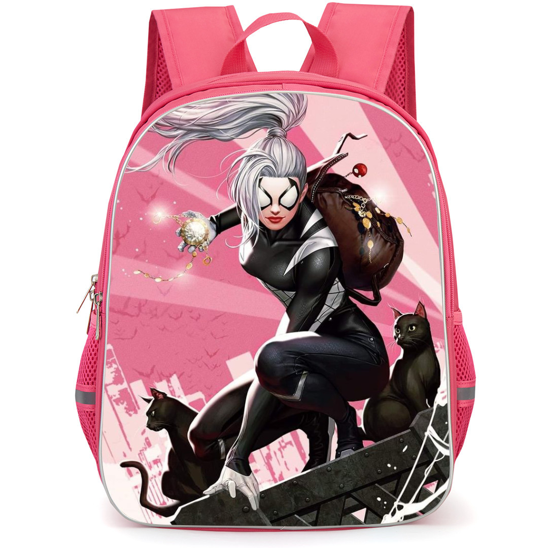 Black Cat Felicia Hardy Backpack StudentPack - Black Cat Felicia Hardy Stolen Jewelries Pink Background