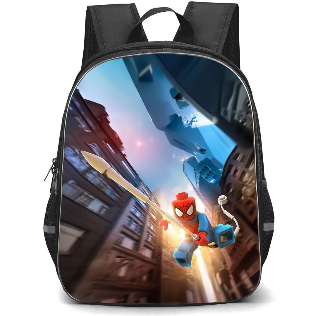Spider Man Across The Spider Verse Lego Spider-Man Backpack StudentPack - Lego Spider-Man Building Scene Art