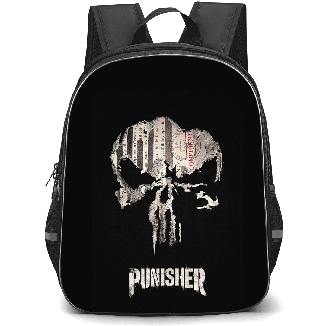 The Punisher Backpack School Bag StudentPack - The Punisher Paper Overlay Logo In Black Background