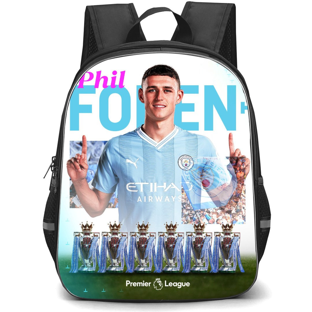 Manchester City F.C. Phil Foden Backpack StudentPack - Phil Foden Infront of 4 Champions Trophy Poster