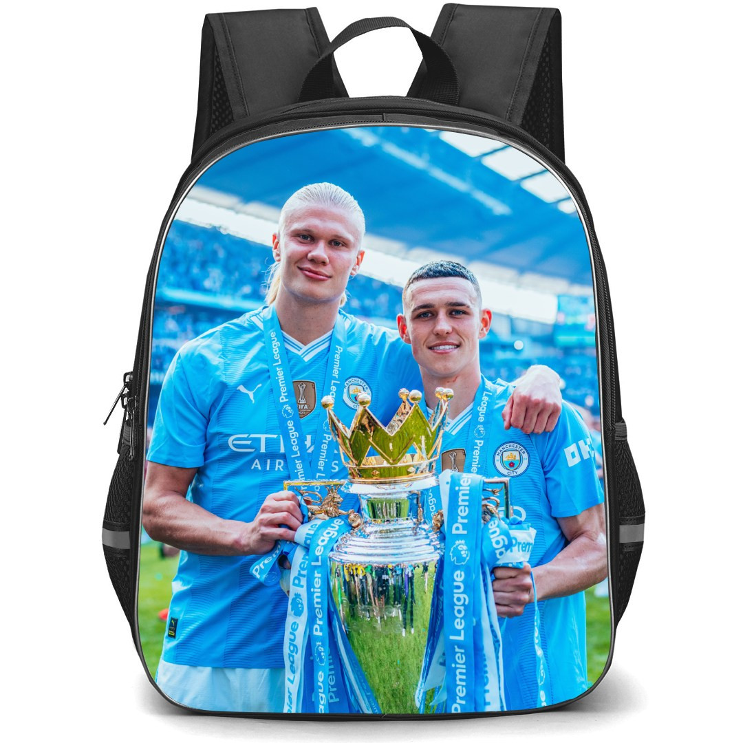 Manchester City F.C. Backpack StudentPack - Erling Haaland And Phil Foden Holds Champions Trophy Poster