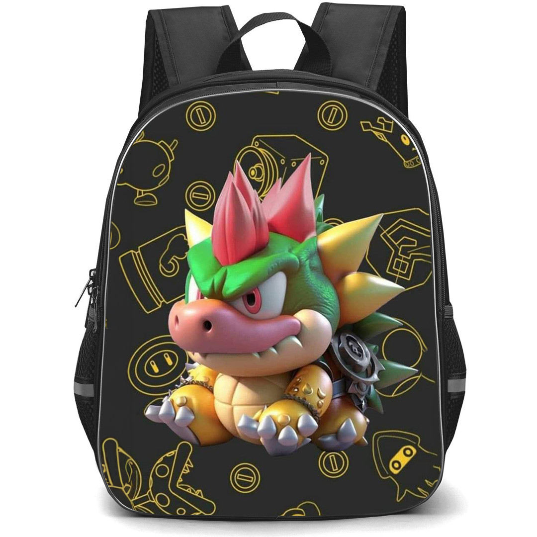 Super Mario Bowser BackPack StudentPack - Bowser Sitting Chibi Yellow Pattern Background