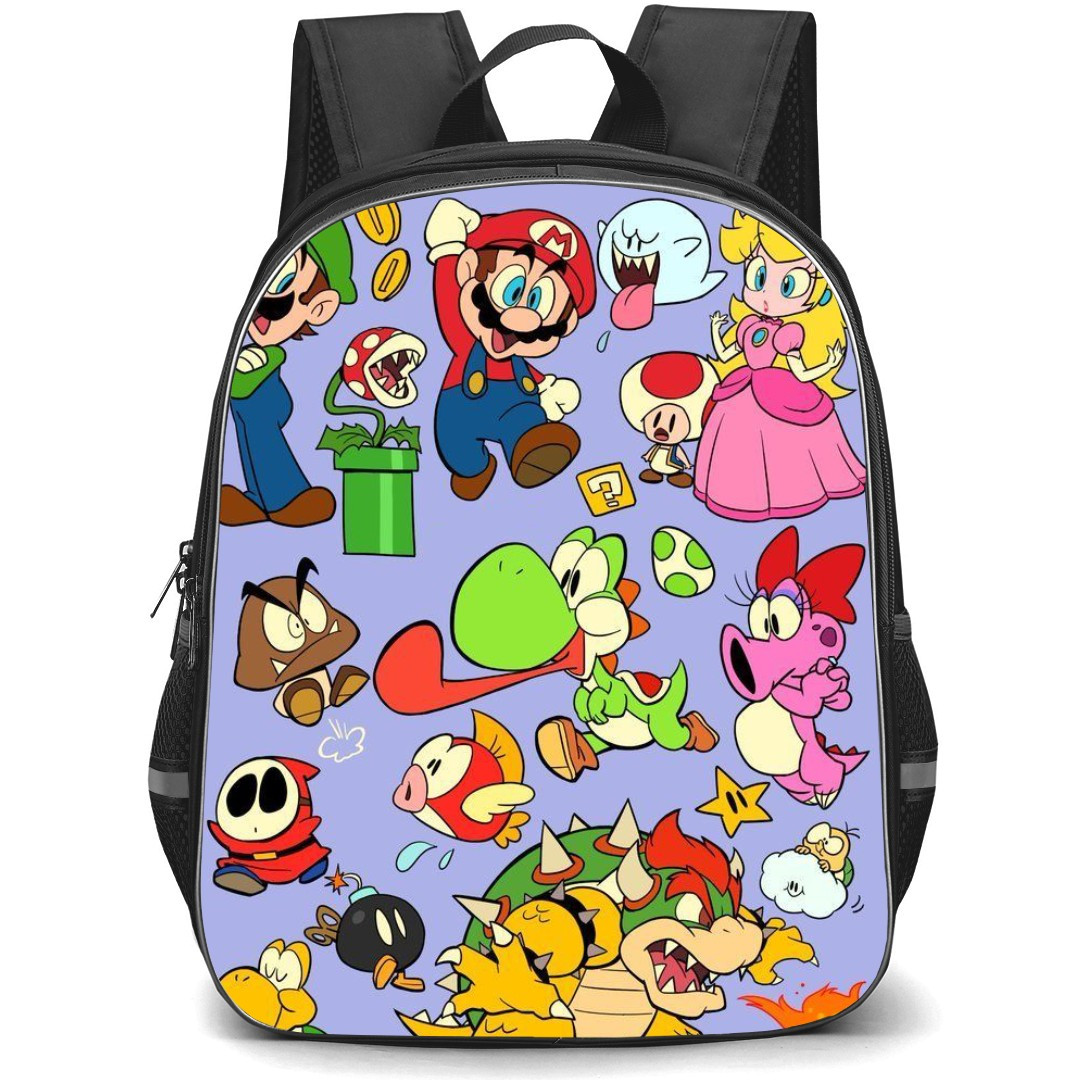 Super Mario Backpack StudentPack - Super Mario Characters Cartoon Art Purple Background