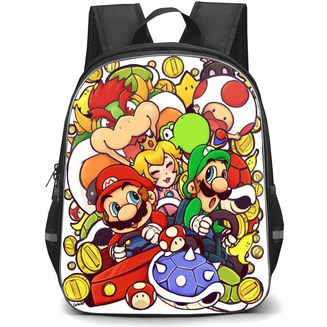 Super Mario Backpack StudentPack - Super Mario Characters Racing Chibi White Background