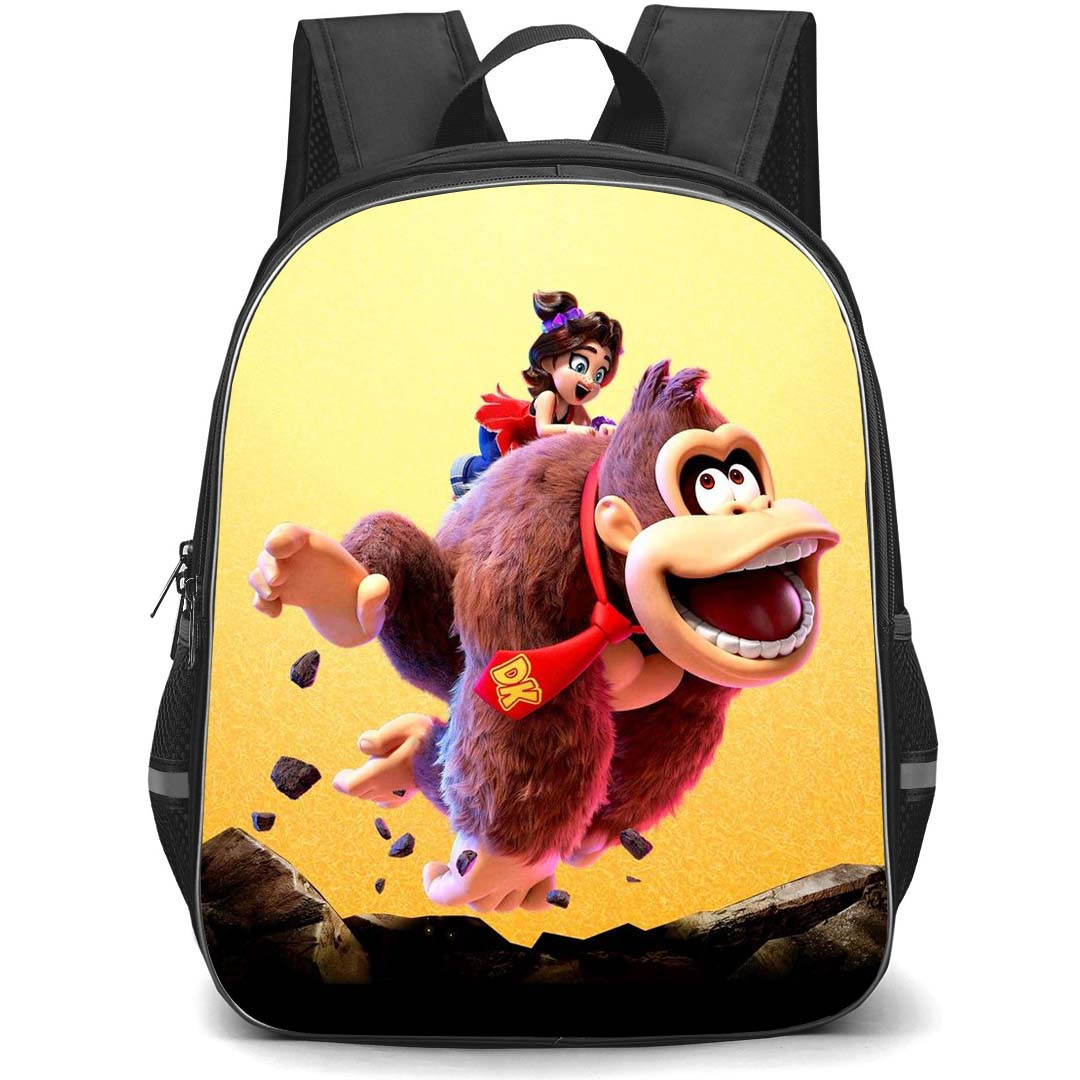 Super Mario Donkey Kong Bananza Backpack StudentPack - Donkey Kong And Pauline Flying On Orange Background