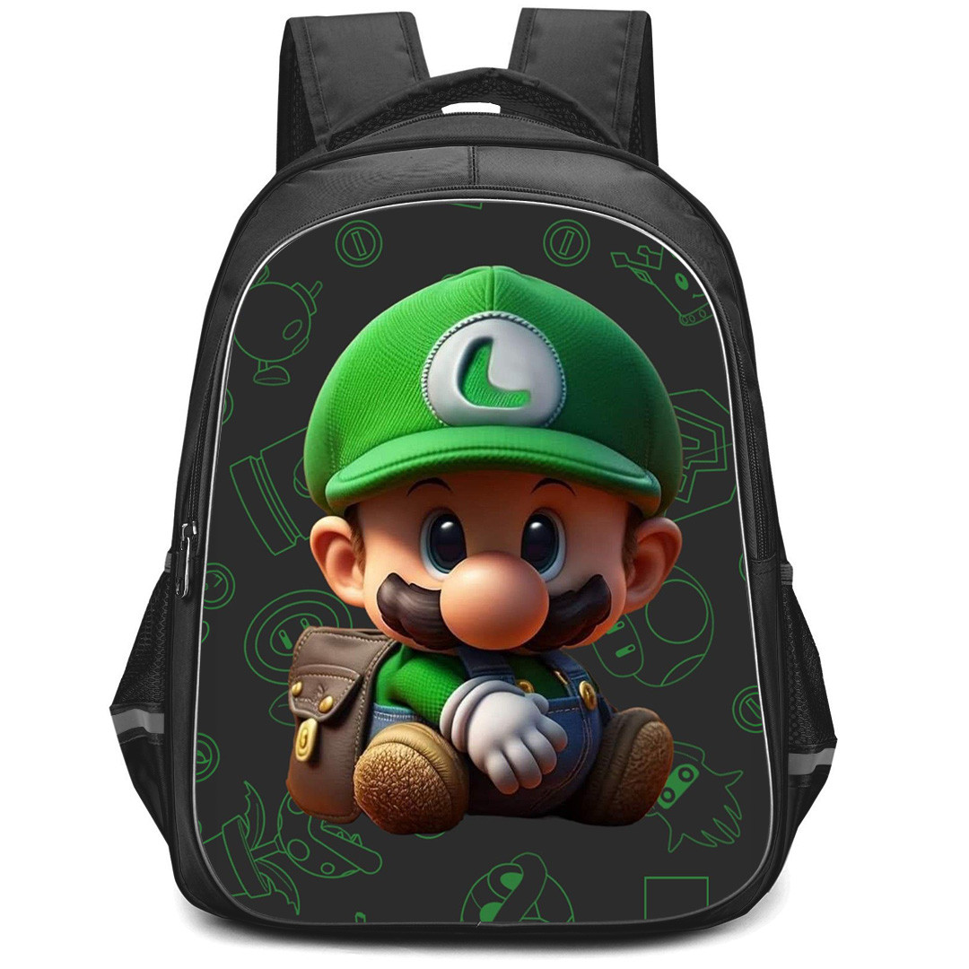 Super Mario Luigi Backpack StudentPack - Luigi Sitting Chibi Green Pattern Background