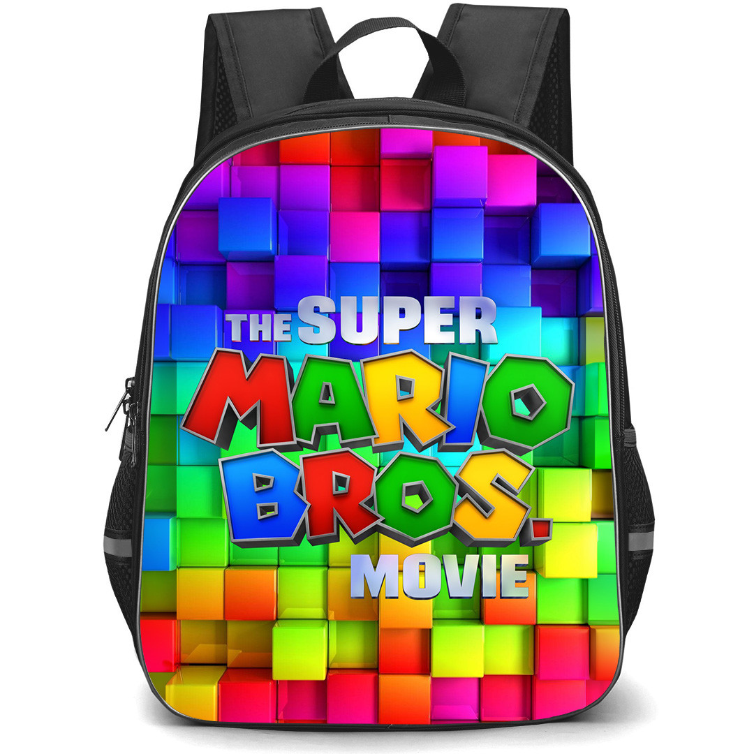 Super Mario Backpack StudentPack - Super Mario Movie Logo On Colorful Blocks Background