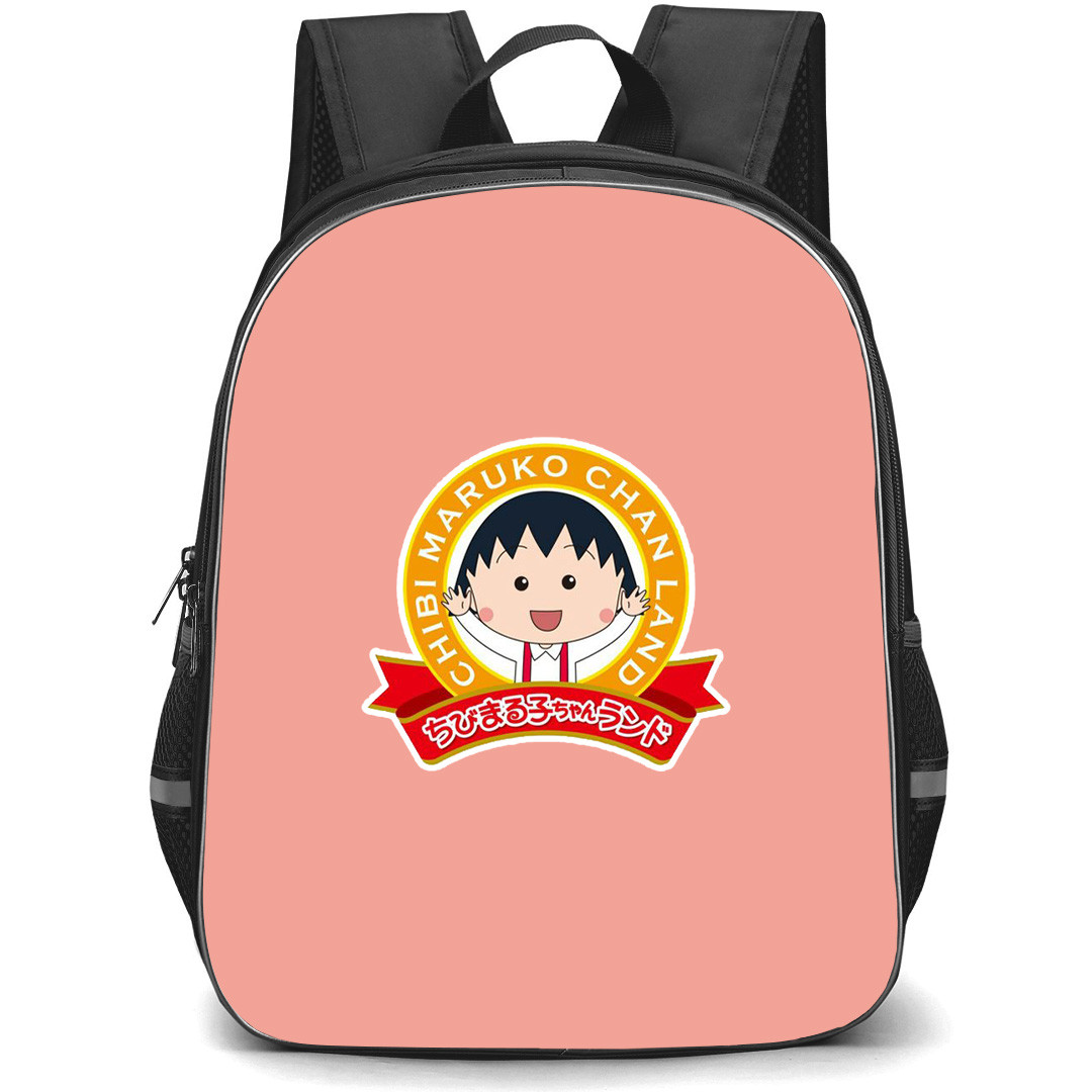 Chibi Maruko Chan Backpack School Bag StudentPack - Chibi Maruko Chan Official Logo Sticker On Pink Background