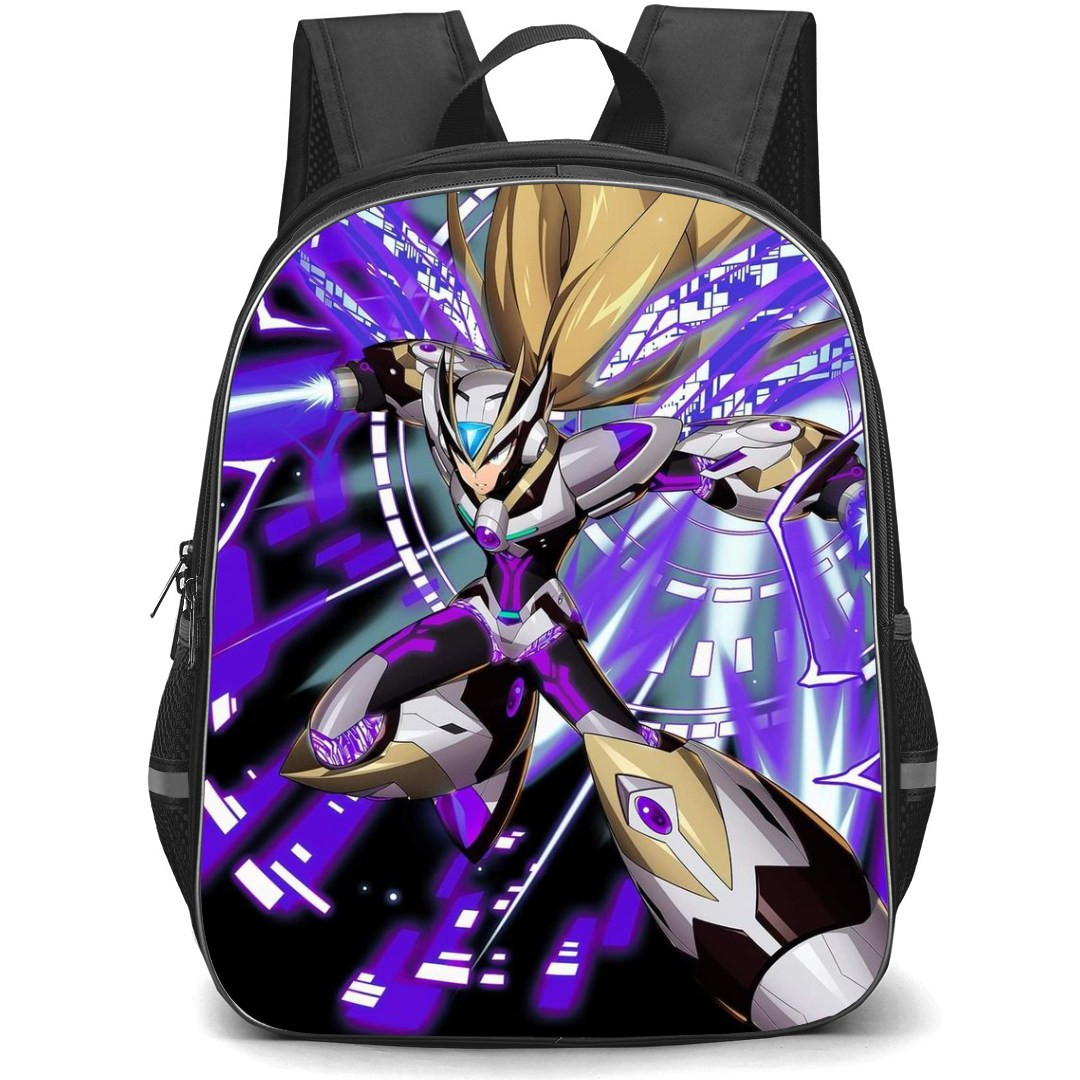 Mega Man Black Zero Backpack StudentPack - Black Zero Attacking Purple Flash Cartoon Art