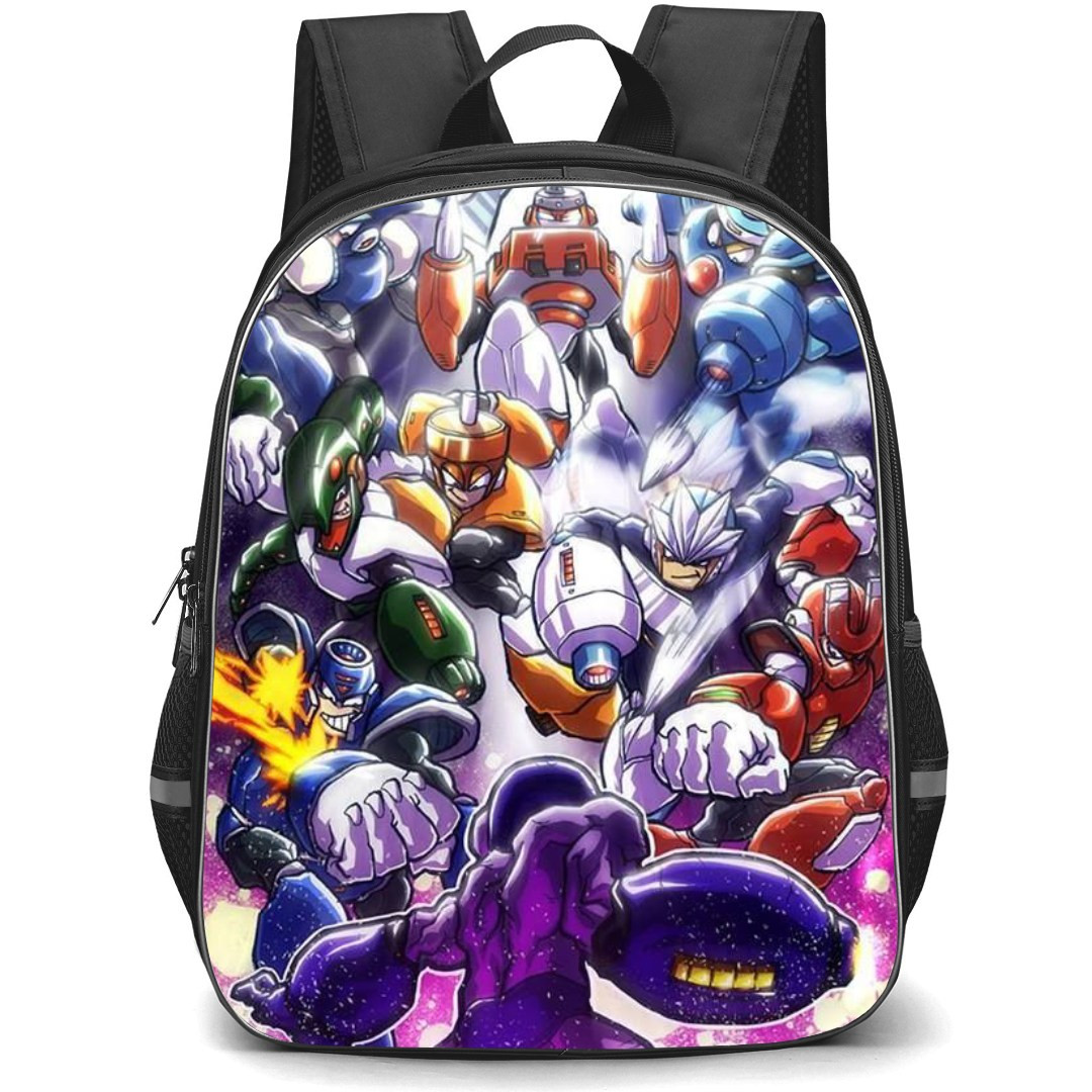 Mega Man Backpack StudentPack - Mega Man Characters Assembly Attacking Cartoon Art