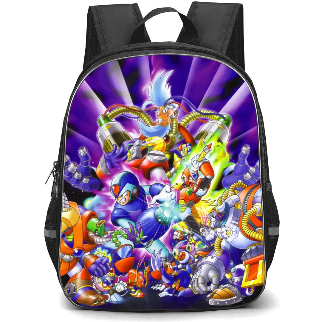 Mega Man Backpack StudentPack - Mega Man Characters Assembly Violet Background Cartoon Art