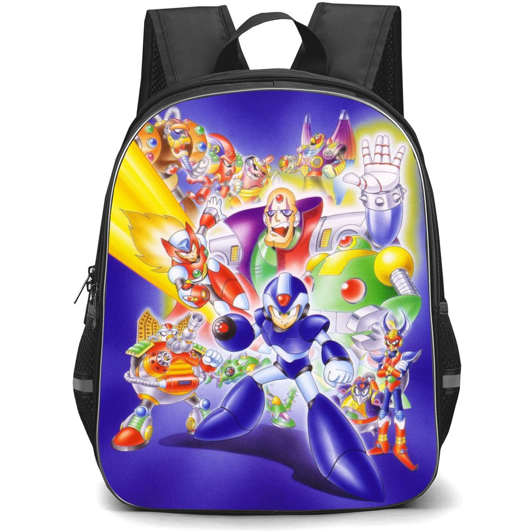 Mega Man Backpack StudentPack - Mega Man Characters Pose Blue Background Anime Art