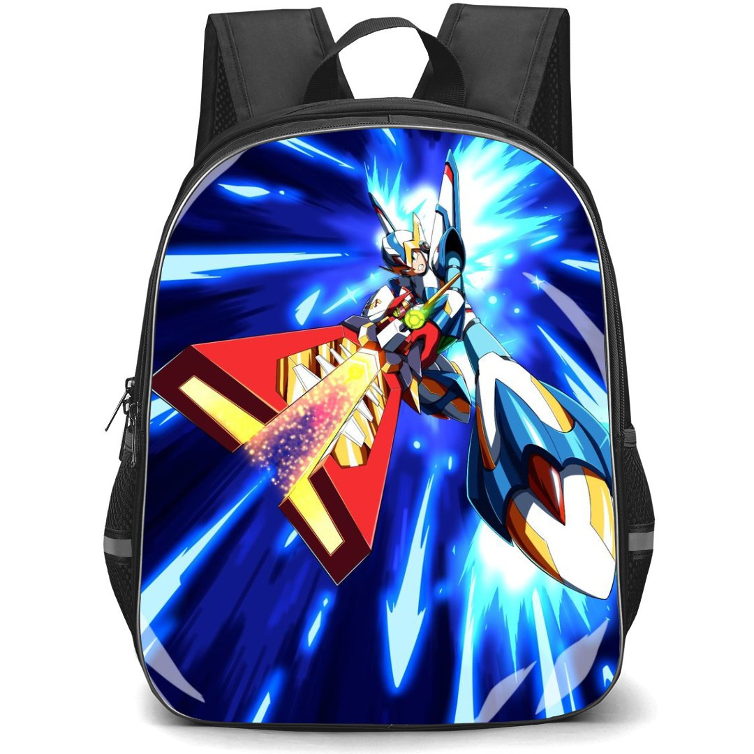 Mega Man Backpack StudentPack - Mega Man X Attacking With Weapon Blue Flares Background