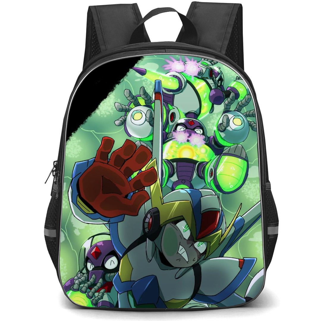 Mega Man Backpack StudentPack - Mega Man X Face On Glass With Villains Illustration