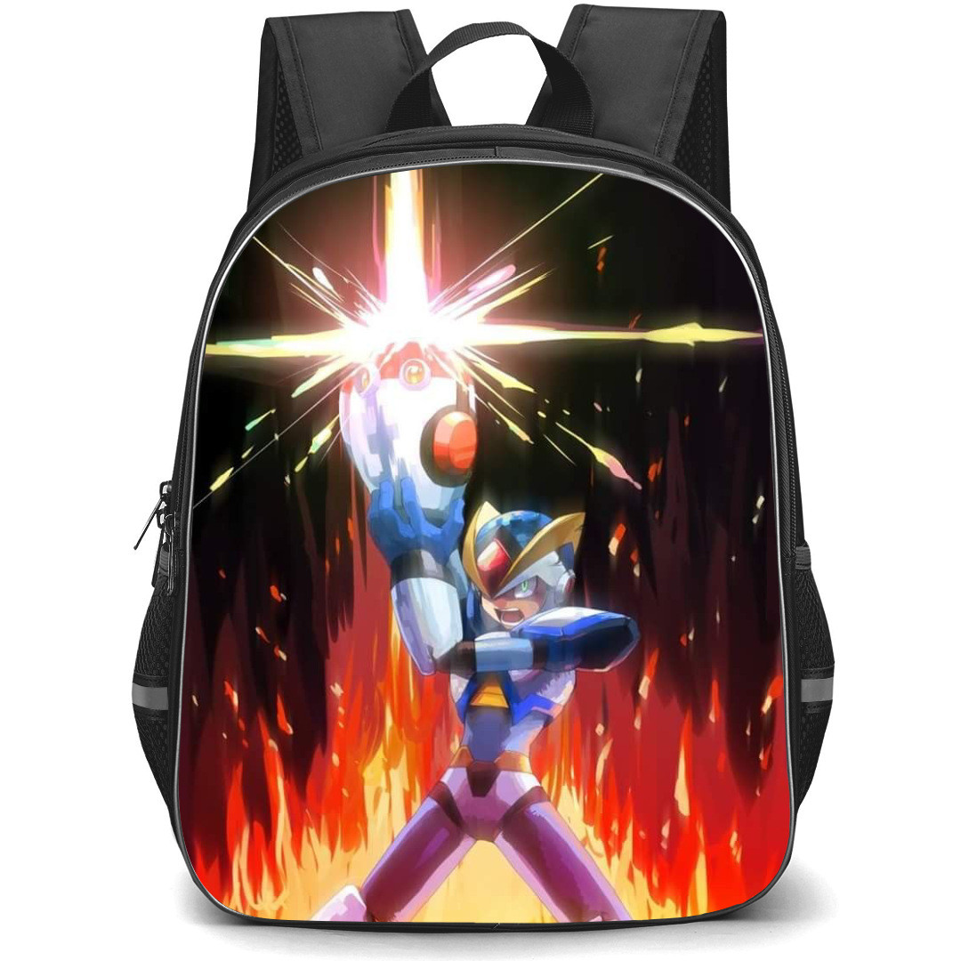 Mega Man Backpack StudentPack - Mega Man X Firing Weapon Up Fire Background