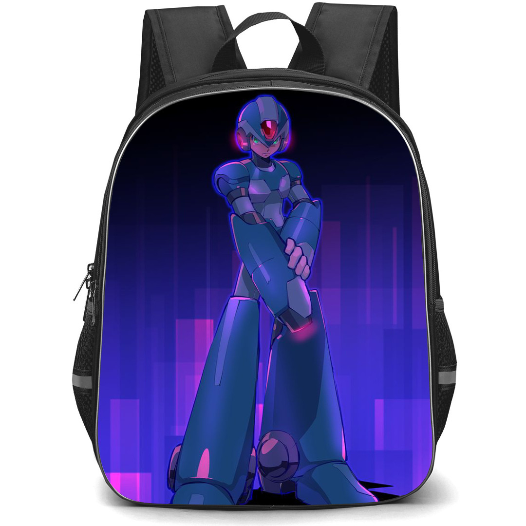 Mega Man Backpack StudentPack - Mega Man X Standing In The Rain Gray Vintage Cartoon