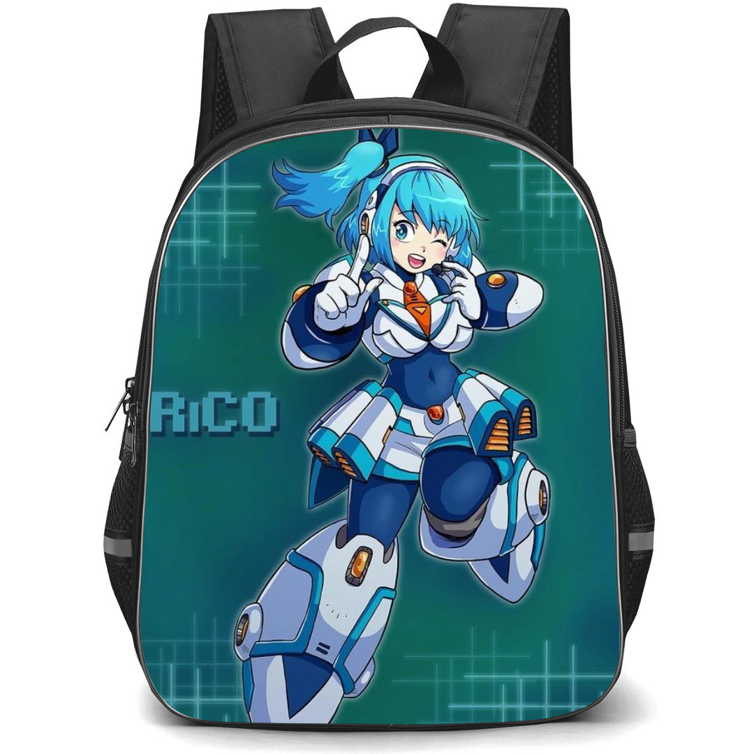 Mega Man Rico Backpack StudentPack - Rico Winking Pose Bluegreen Background