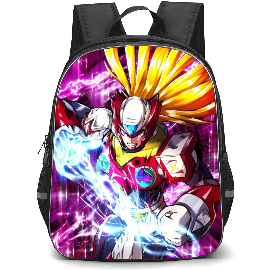 Mega Man Zero Backpack StudentPack - Zero Firing Weapon Violet Background
