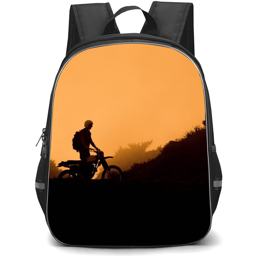 Motorbike Backpack StudentPack - Motorbike Adventure Traveller On Sunset Background