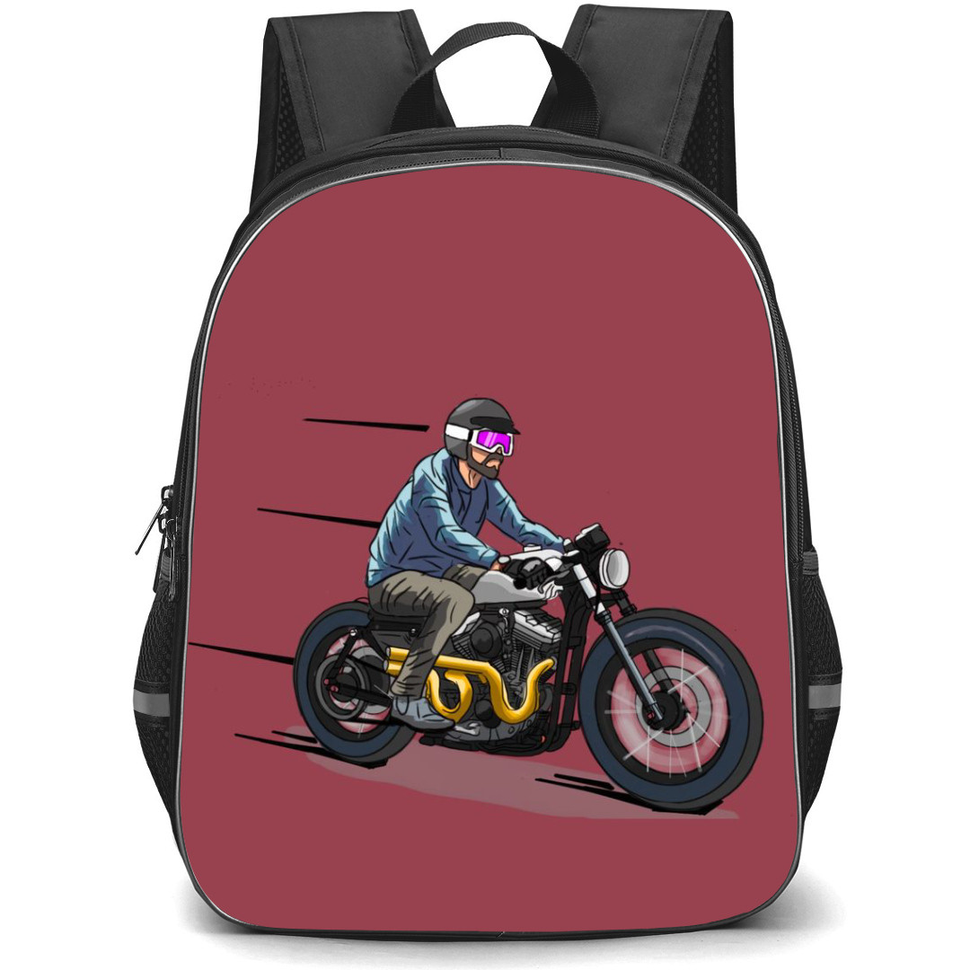 Motorbike Backpack StudentPack - Motorbike Cafe Racer Running Illustration Art On Red Background