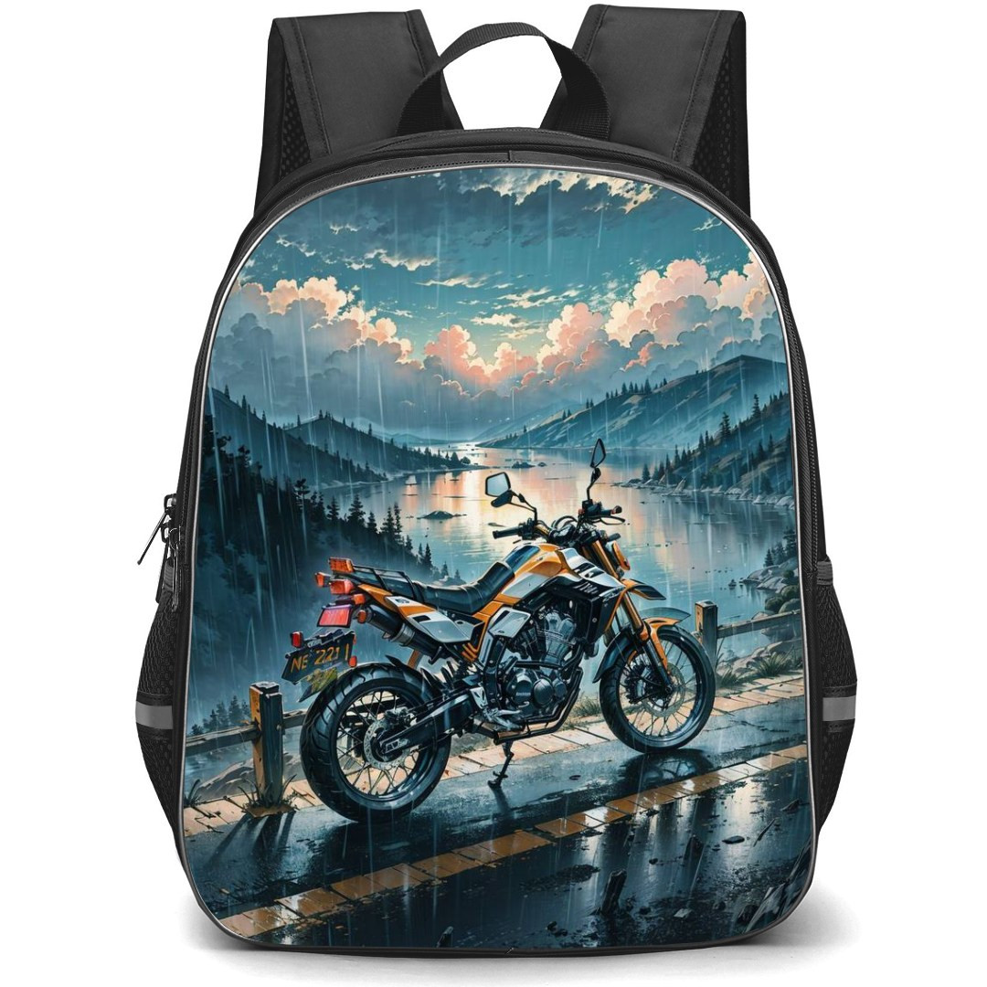 Motorbike Backpack StudentPack - Motorbike Digital Art Depicting A Motorbike Standing Beside The Road During Rain