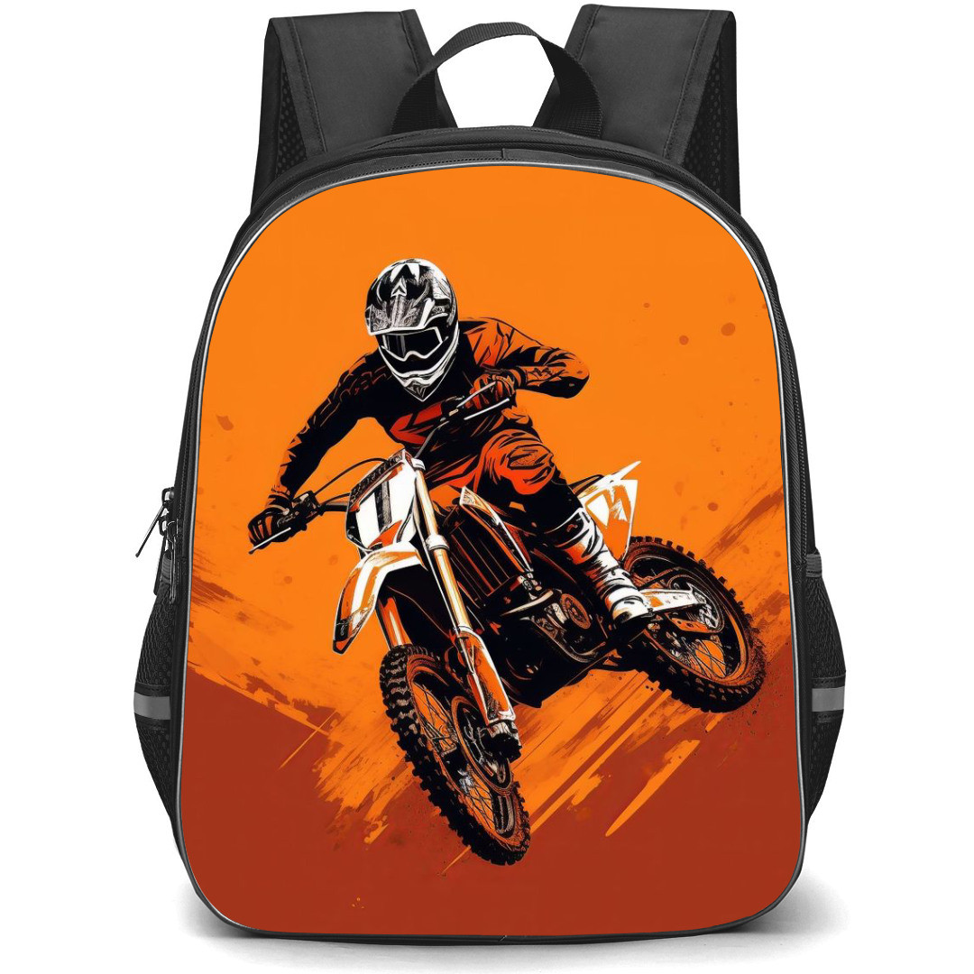 Motorbike Backpack StudentPack - Motorbike Dirtbiker Jumping On Orange Background