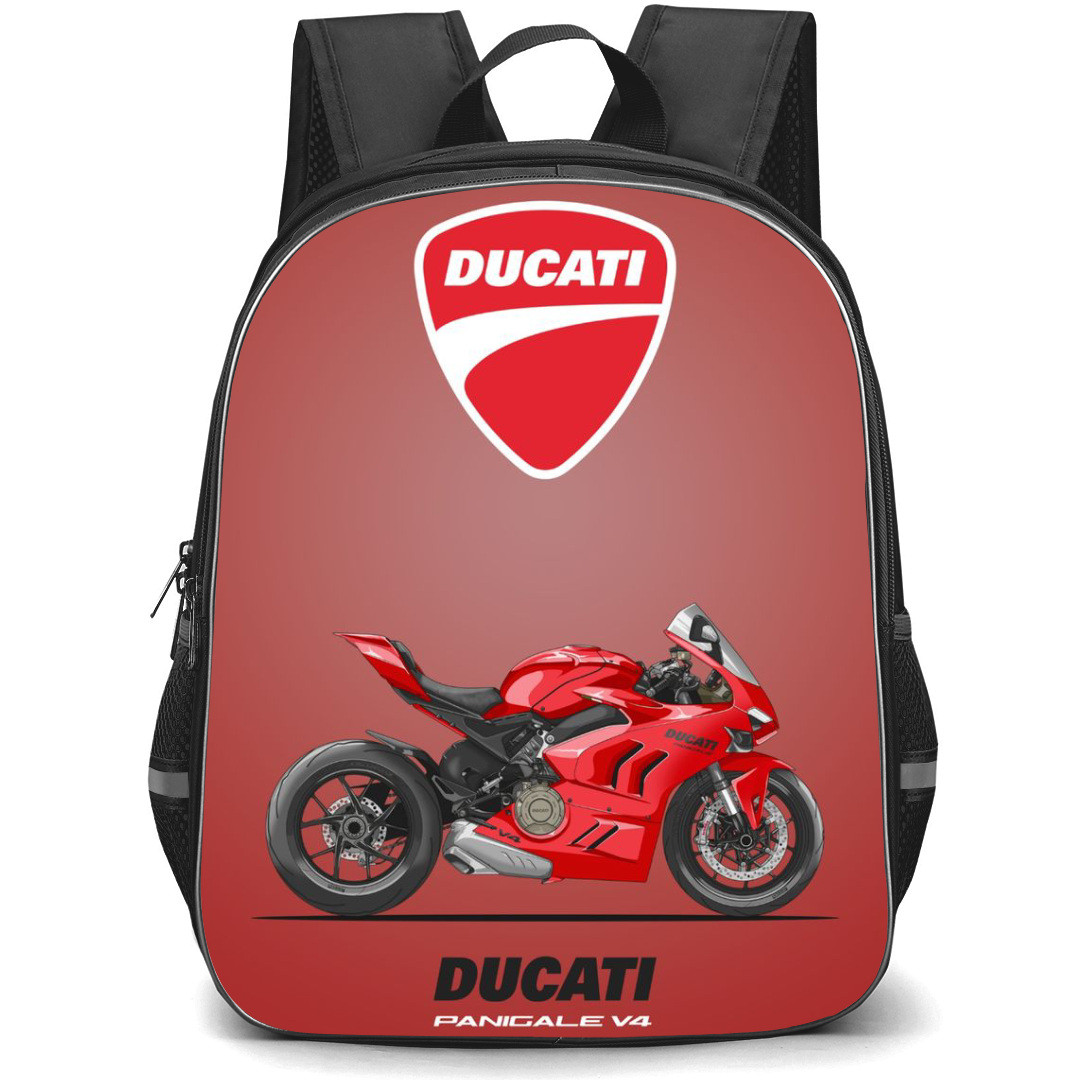 Motorbike Ducati Backpack StudentPack - Motorbike Ducati Panigale V4 Vector Illustration Art On Red Background
