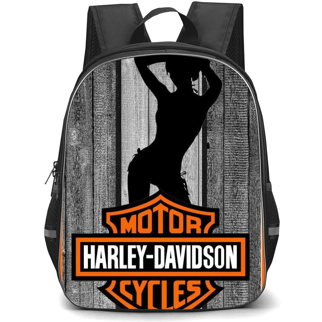 Motorbike Harley Davidson Backpack StudentPack - Motorbike Harley Davidson Logo With Silhouette Girl On Wood Poster