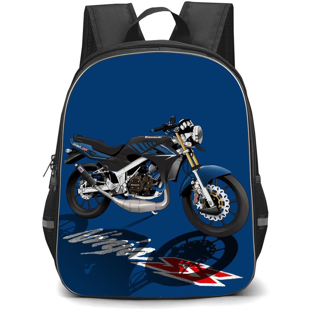 Motorbike Kawasaki Backpack StudentPack - Motorbike Kawasaki Ninja SS Illustration Art On Blue Background