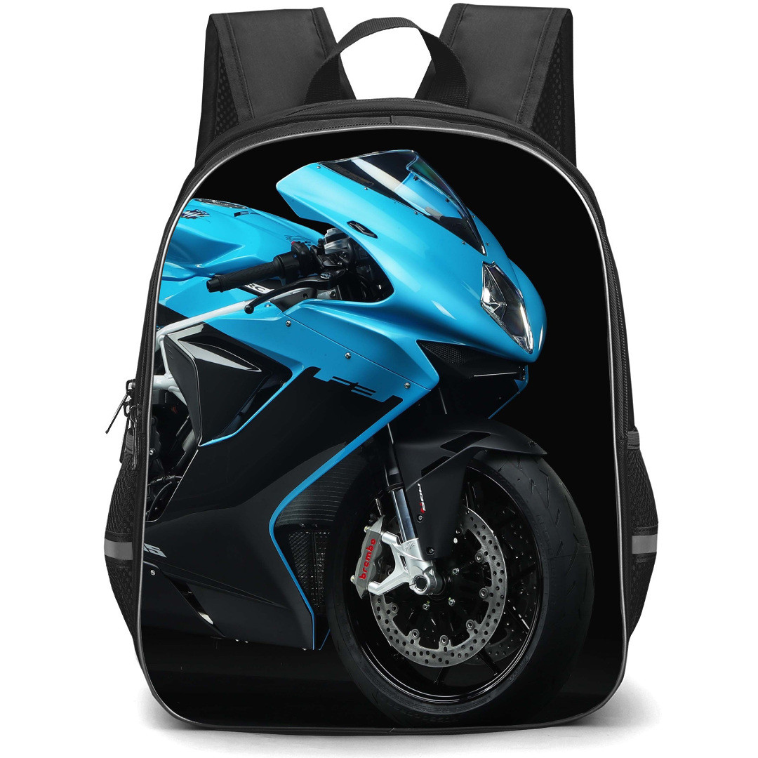 Motorbike MV Agusta Backpack StudentPack - Motorbike MV Agusta F3 RR Skyblue Color Front View On Dark Background