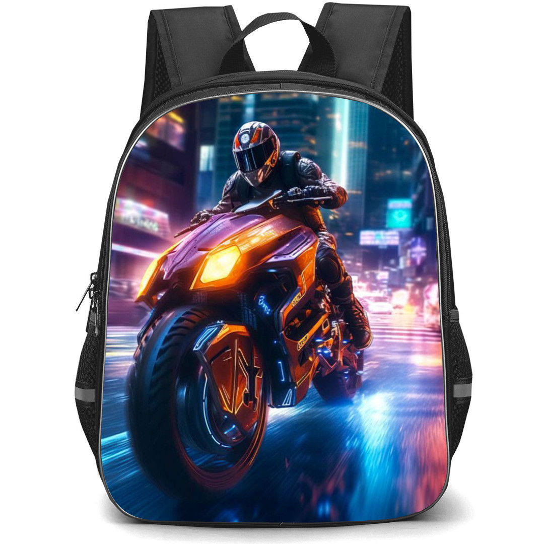 Motorbike Backpack StudentPack - Motorbike Man Riding A Futuristic Motorbike In A Neon Street Digital Art