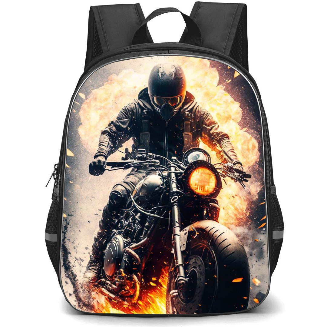 Motorbike Backpack StudentPack - Motorbike A Man Riding A Scrambler On Fire Background