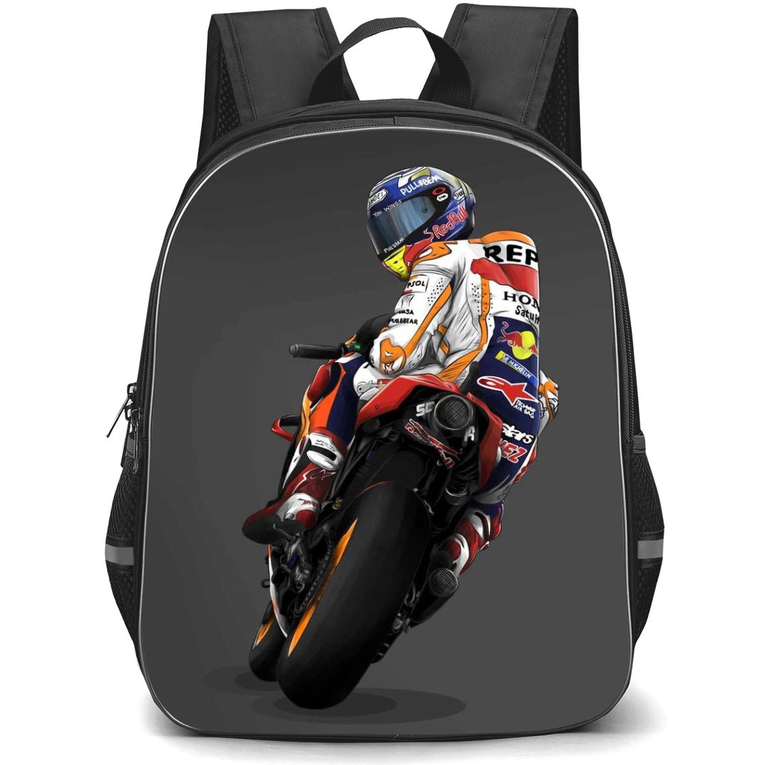 Motorbike Marc Marquez Backpack StudentPack - Motorbike Marc Marquez On Racing Track Looking Back Illustration Art