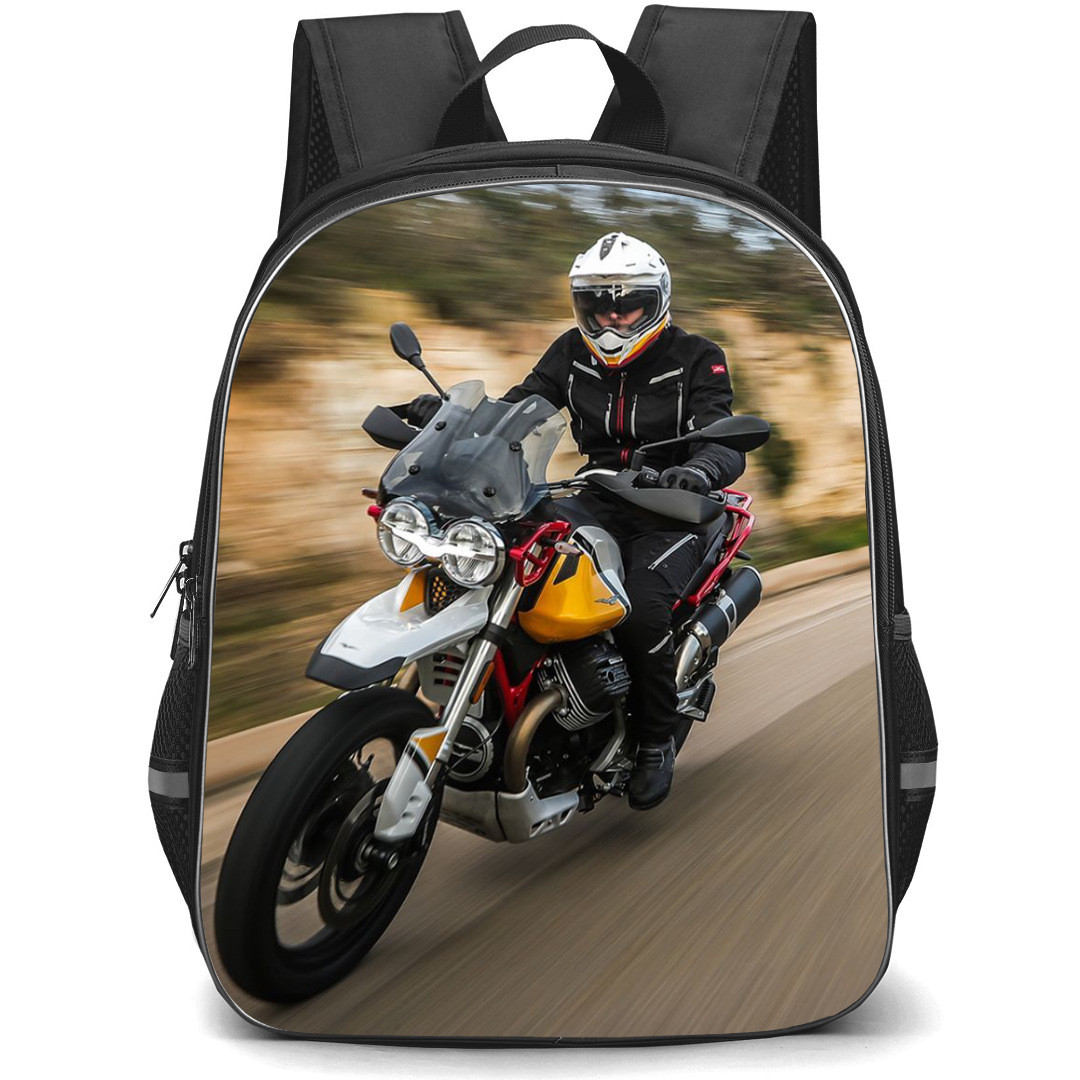 Motorbike Moto Guzzi Backpack StudentPack - Motorbike Moto Guzzi V85 TT Running On Street Poster