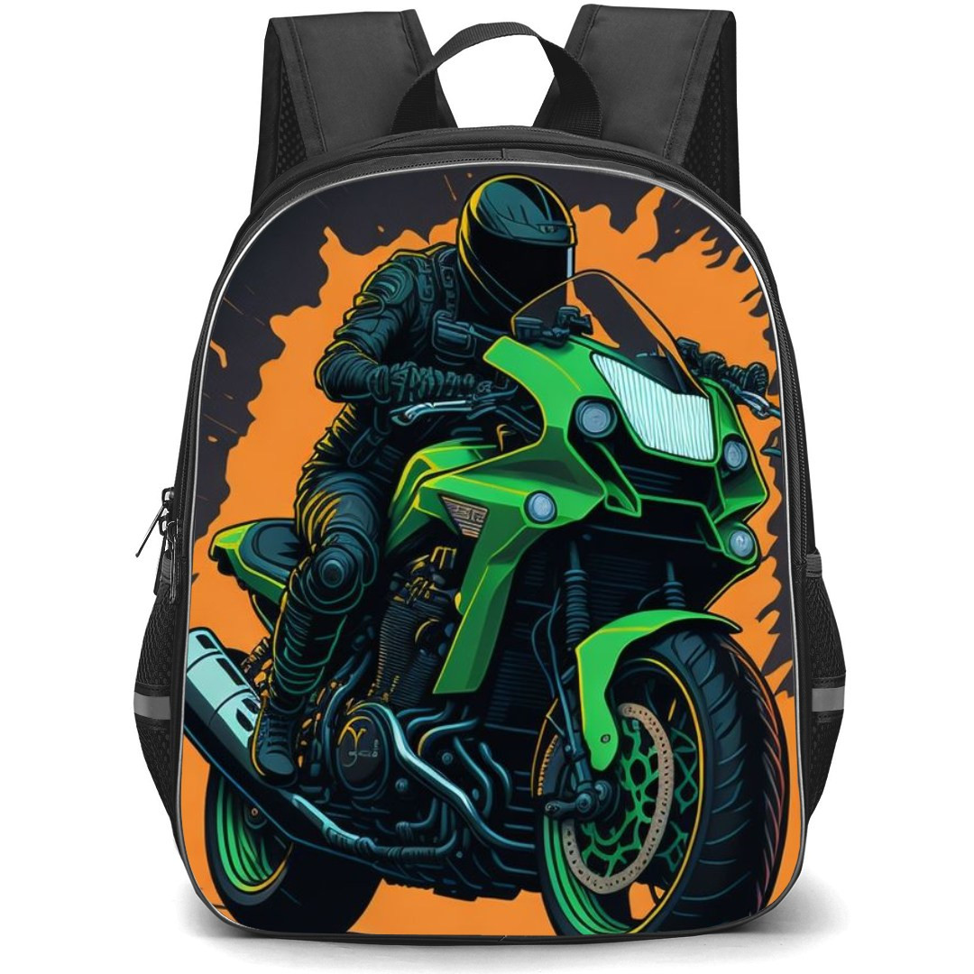 Motorbike Backpack StudentPack - Motorbike Racing Cartoon Art On Black Orange Background