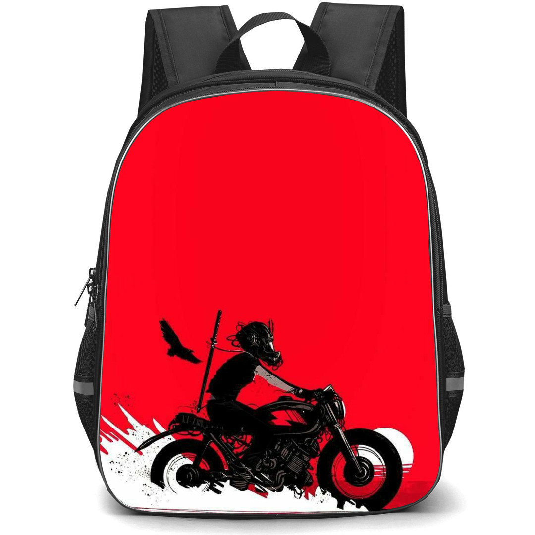 Motorbike Backpack StudentPack - Motorbike Retro Rider On A Bike Silhouette On Red Background