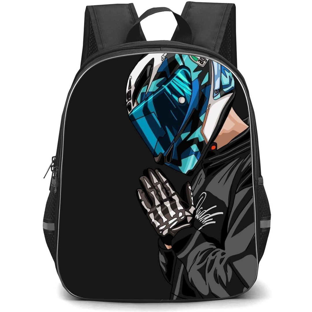 Motorbike Backpack StudentPack - Motorbike Rider Wears Helmet Side Portrait Illustration Art On Dark Background