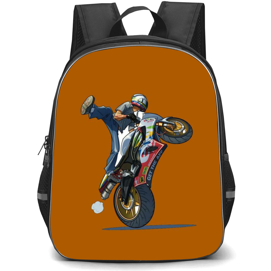 Motorbike Backpack StudentPack - Motorbike Stunt Illustration Art On Brown Background