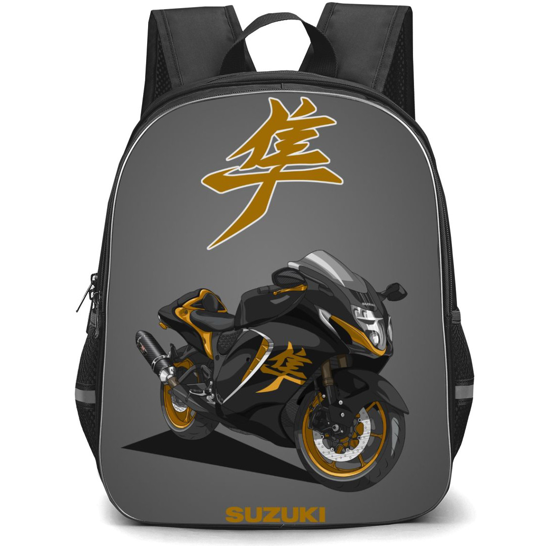 Motorbike Suzuki Backpack StudentPack - Motorbike Suzuki Hayabusa GSX 1300R Illustration Art On Gray Background